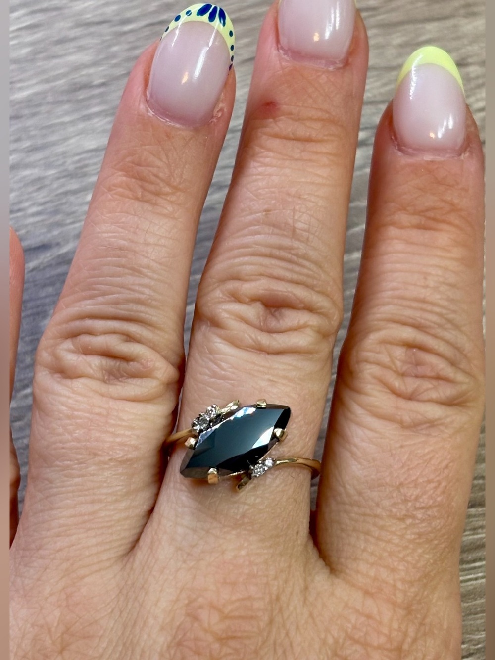 Vintage Marquise 10K Gold Hematite & Diamond Ring, size 6.75
